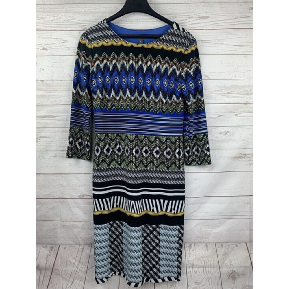 Muse‎ Dress 3/4 Sleeve Multicolor Abstract Geometric Size 4 Stretch